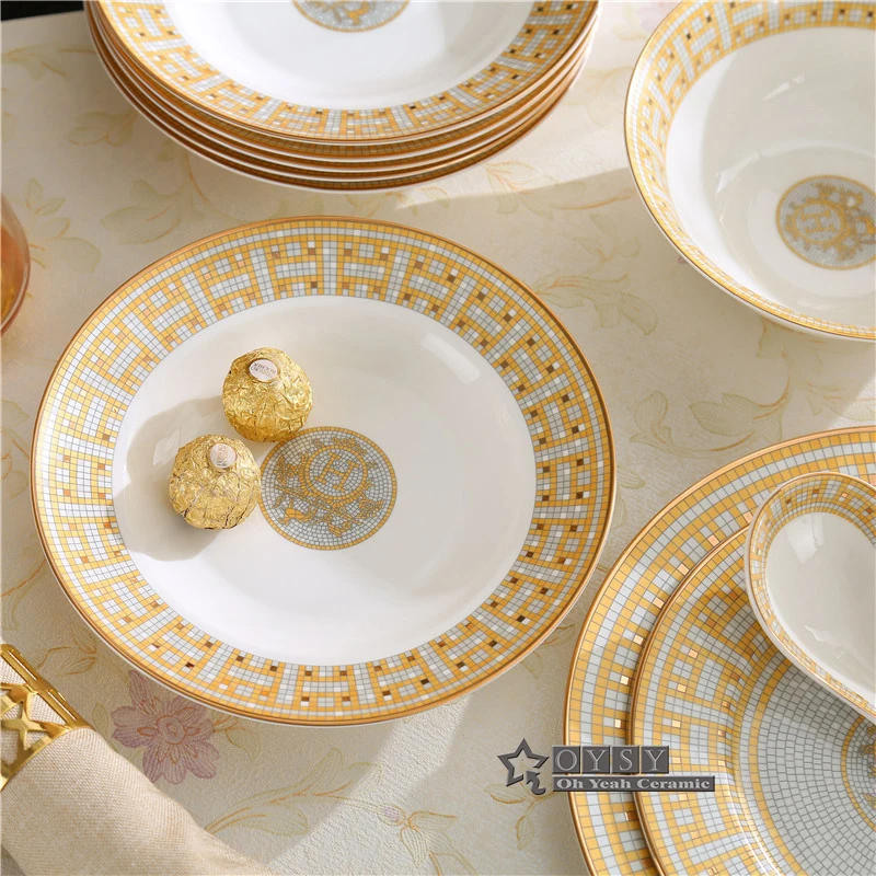 

Porcelain dinnerware set bone china "H" mark mosaic design outline in gold 58pcs dinnerware sets dinner set coffee sets gifts