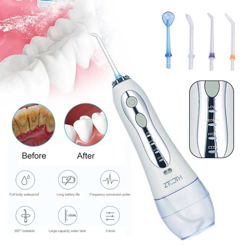 

2021 Teeth Flusher Oral Irrigator Rechargeable 3-Level Pressure Cordless Dental Flosser With 5 Interchanging Nozzles