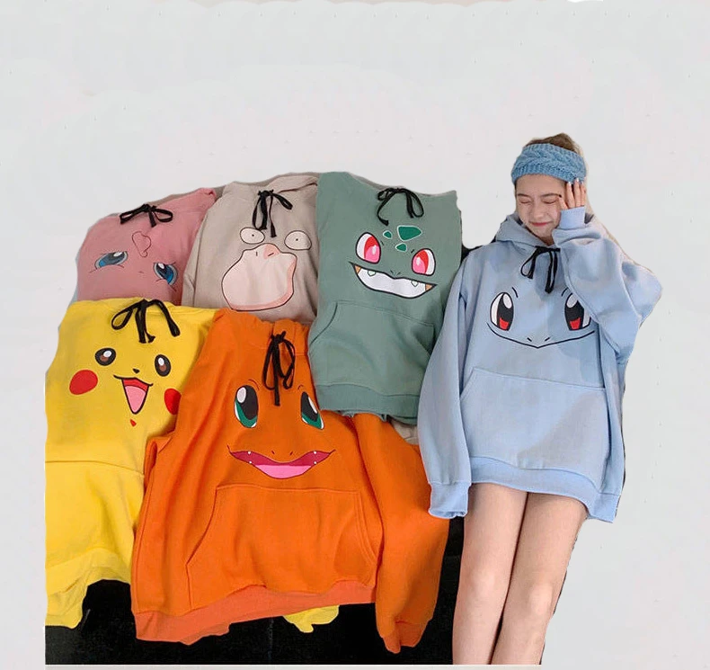 

Кавайное Женское зимнее флисовое пальто в стиле аниме с покемонами, модная Повседневная Толстовка для девочек, пуловер с длинным рукавом
