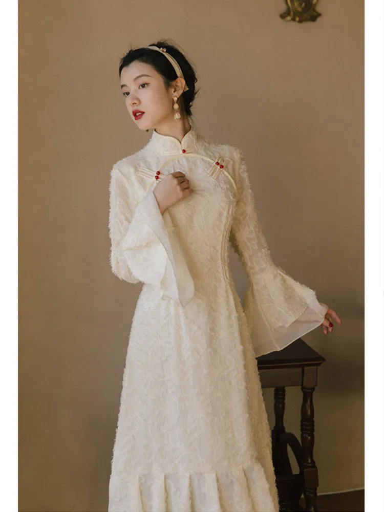 

Платье-Ципао в стиле ретро для девушек, шикарное нежное платье с оборками и кисточками, с рукавами-фонариками и воротником-стойкой, осень 2021