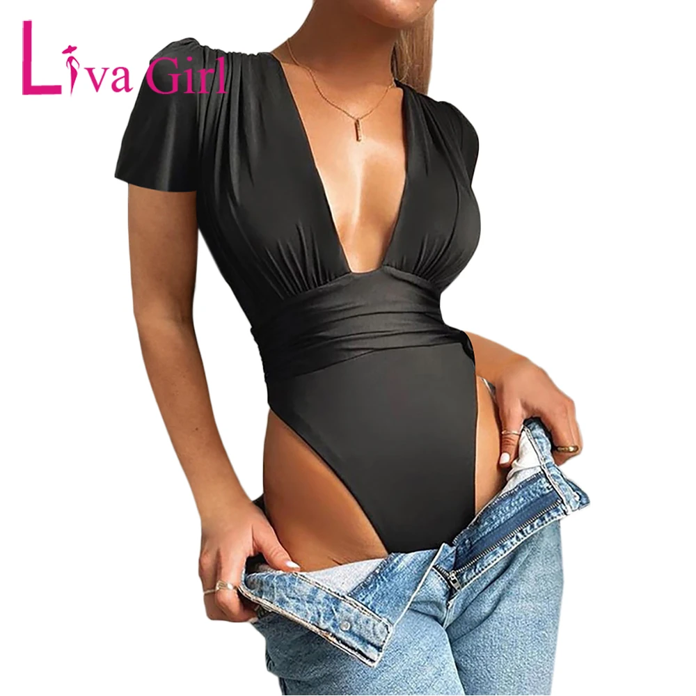 

Сексуальное боди LIVA GIRL с глубоким V-образным вырезом и плиссированной талией, женский летний Облегающий комбинезон с рукавом-лодочкой, женс...