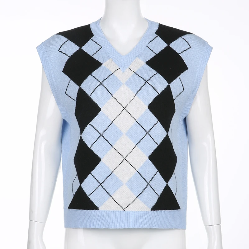 

Plaid Knitted Oversize Sweater Vest Women Preppy Style Clothes 90s Vintage Casual Sweater Knitwear Top