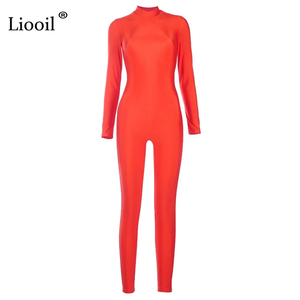 

Liooil Sexy Tight Jumpsuits For Women Clothes 2021 Long Sleeve O Neck Zip Up Bodycon Rompers Womens Jumpsuit Black Red Overalls
