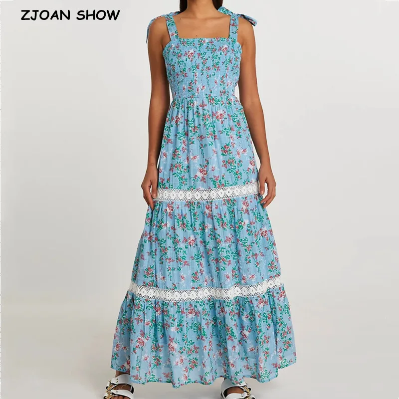 

2022 BOHO Blue Floral Print Adjust Tie Bow Strap Women Dress Hem Spliced Lace Maxi Long Dresses Beach Robe Holiday vestidos