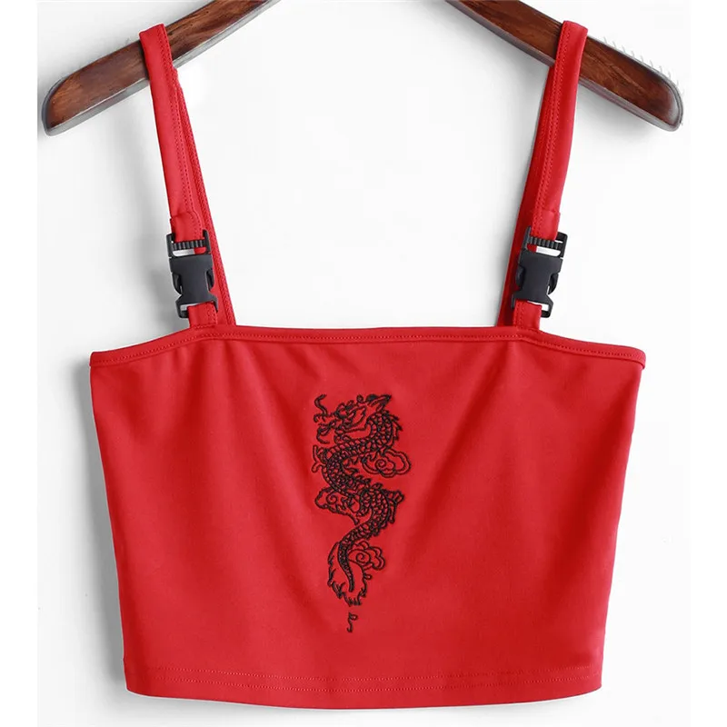 

New Fashion Women Sexy Hot Summer Buckle Vest Boob Tube Crop Top Bralet Sheer Dragon Embroidery Stylish Cami Tank Top