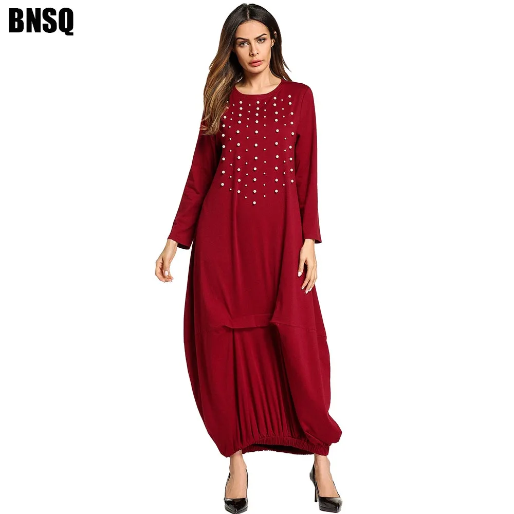 

BNSQ мусульманское женское платье из бисера средневосточная Мода винно-красная абайя с длинным рукавом