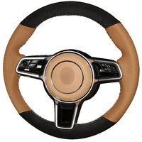 diy custom hand stitching brown natural leather black suede car steering wheel cover for porsche macan cayenne 2015 2016