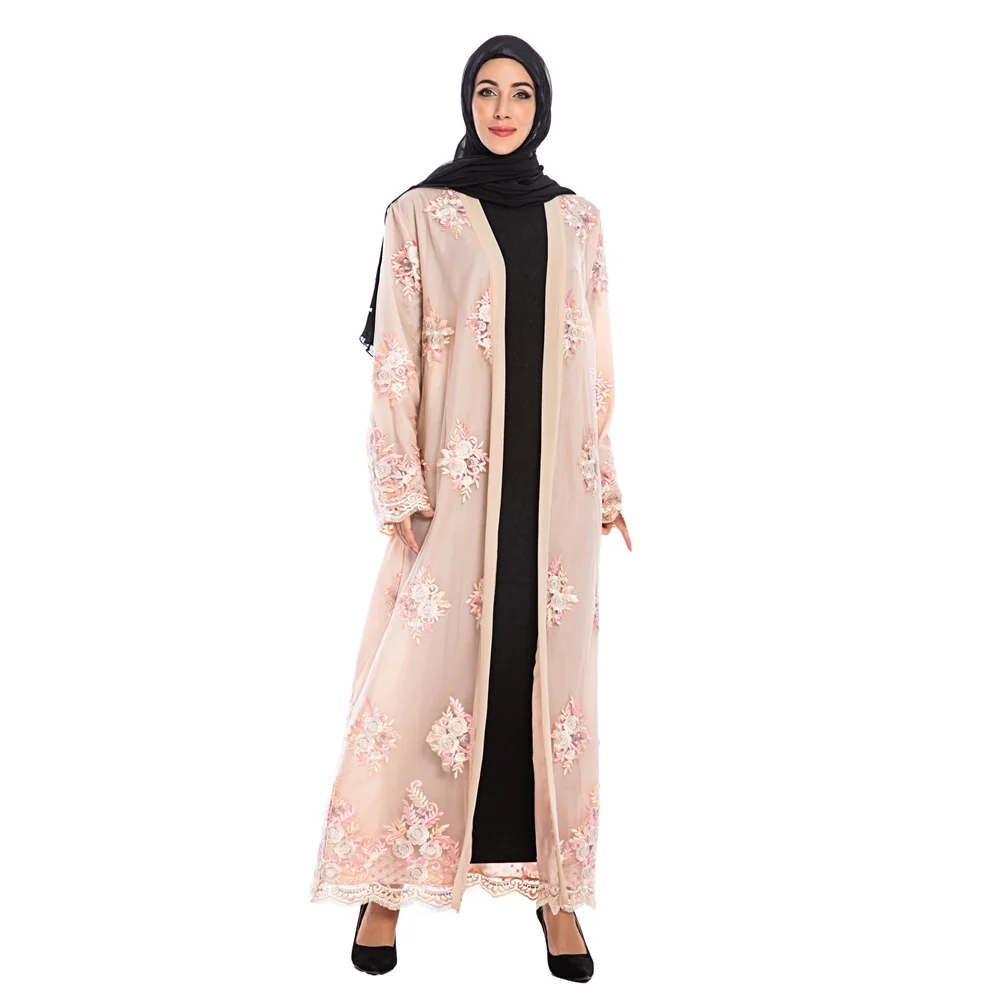 

New muslim women's fashion abya flowers embroidery dress islam clothing Dubai long skirt muslim kimono kaftan dresses MSL248