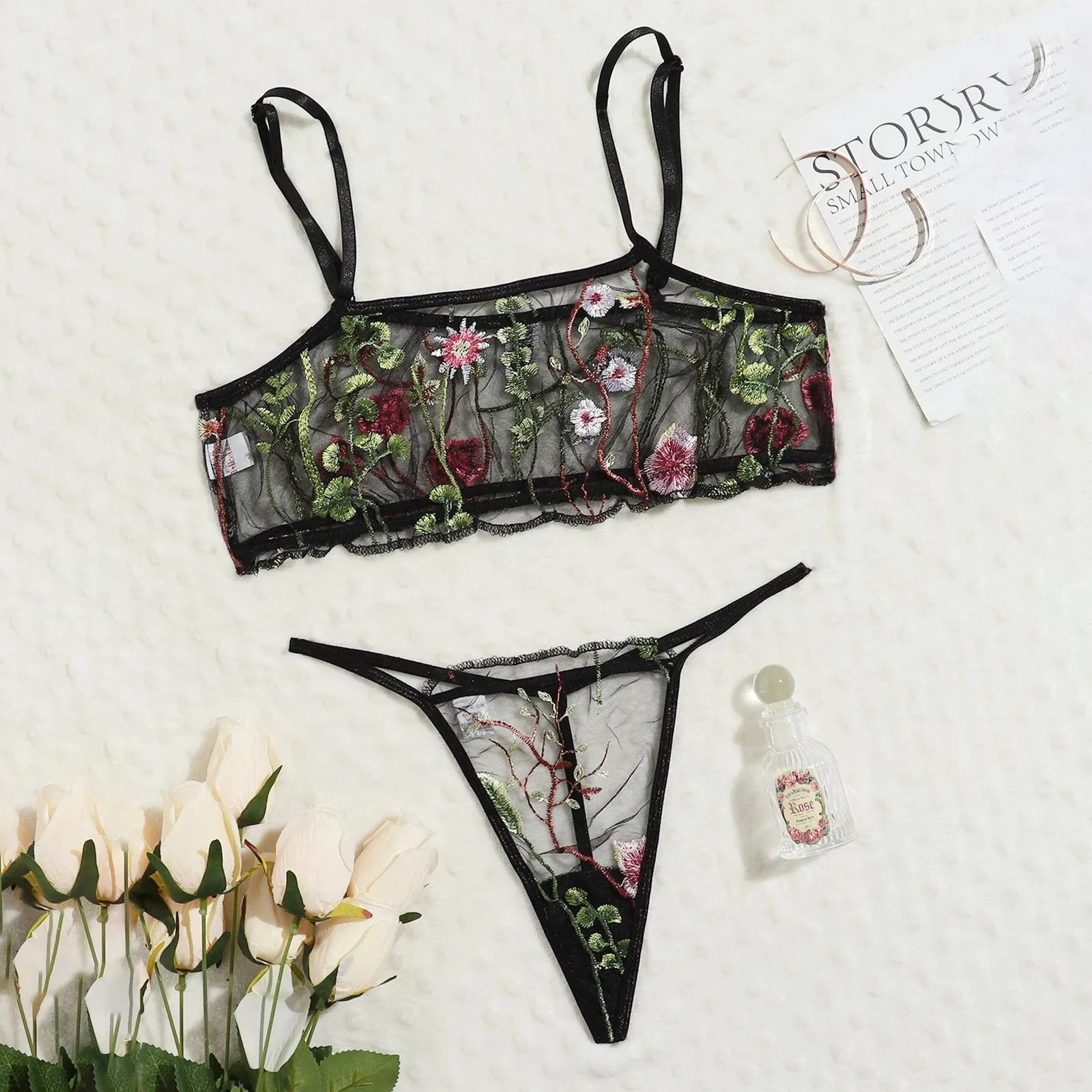 

Woman Sexy Lingerie Lace Bra Seamless See-through Floral Embroidery Mesh Underwear For Women