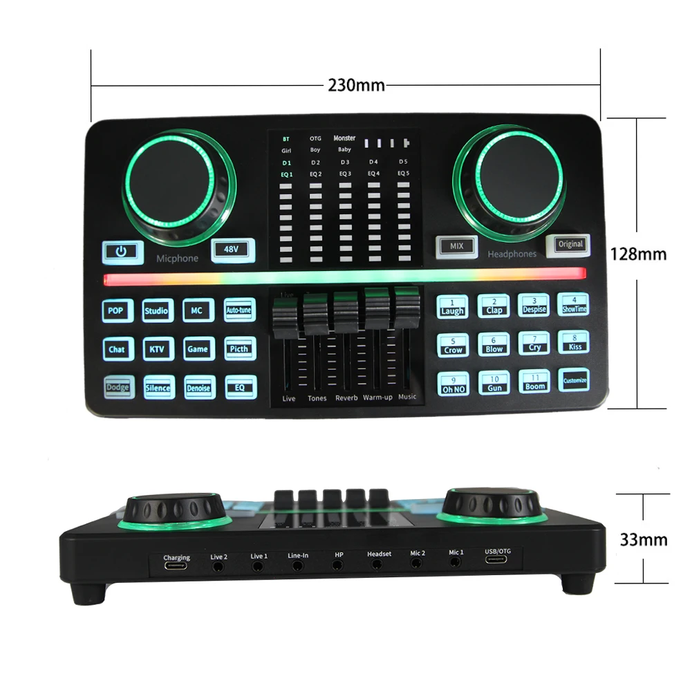 

D9 Microphone Mixer Digital Audio Podcaster Sound Card Adjustable Reverb w/ Mic Built-In Lithium Battery Fit for PC Phone