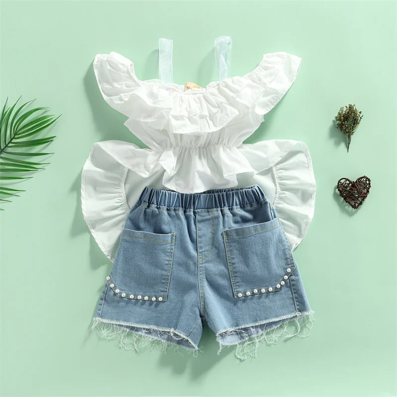 

2-7Y Baby Girls Toddlers Solid Color Clothes Sets Sleeveless Irregular Hem Tops with Ruffles+Short Jeans Girl's Fashion Outfits