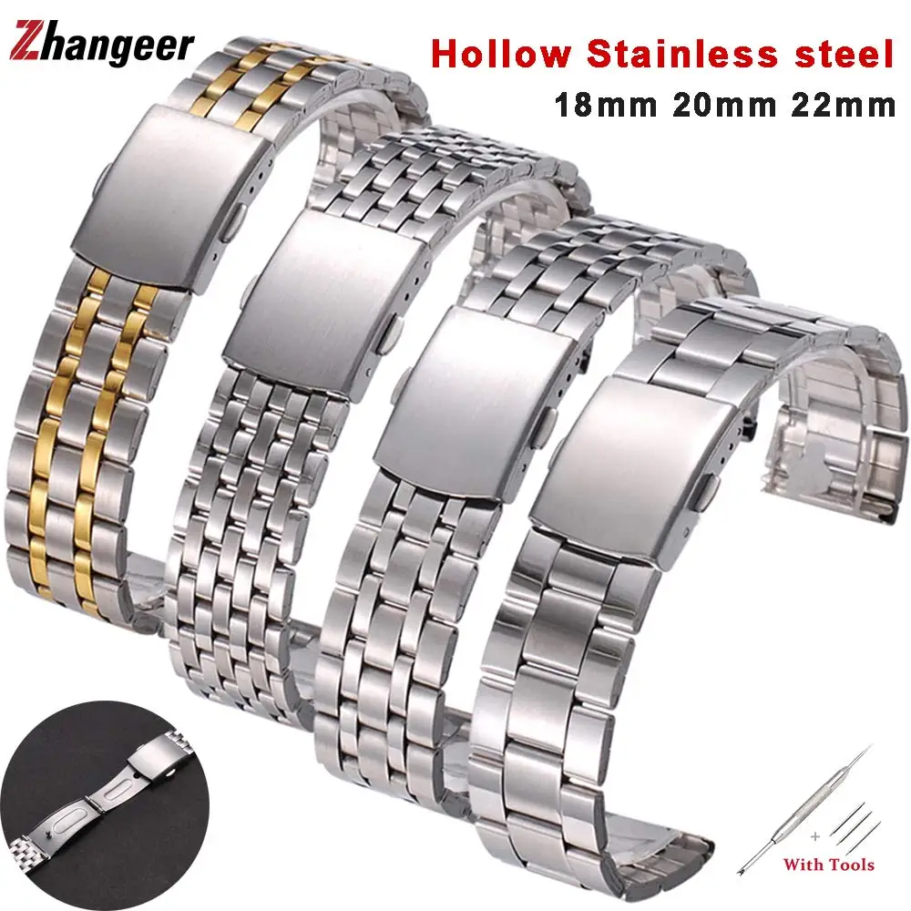 18mm 22mm 20mm Stainless Steel Strap Folding Buckle Flat Interface Silver Men Women Universal Wrist Watch Band Replacement+Tools