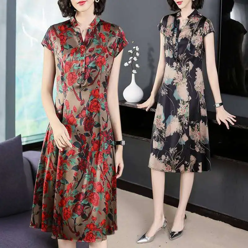 

Lady Silk Dress Mulberry Short-sleeved Printed Women's Summer Dresses Large Size Retro Mid-length V-neck Floral Vestidos Z410