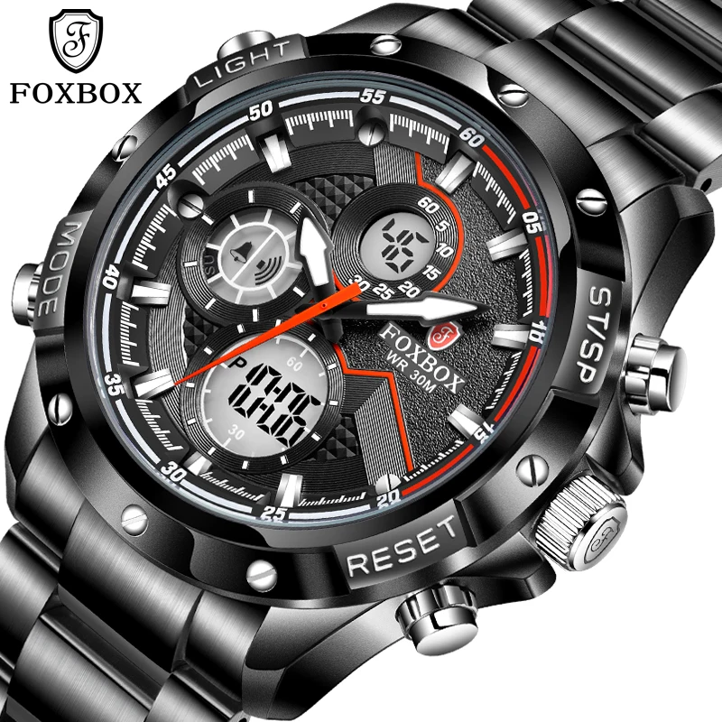 

2022 мужские часы FOXBOX, роскошные спортивные наручные часы из нержавеющей стали с двойным дисплеем для мужчин, водонепроницаемость 30 м, светящ...