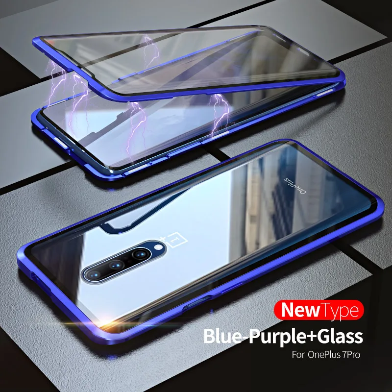 Blue OnePlus 7 Pro Роскошный магнитный металлический чехол для Oneplus 7 Pro, переднее стекло, двойное стекло, защита экрана OnePlus7pro Oneplus7 360, полное покрытие - Цвет: Blue OnePlus 7 Pro