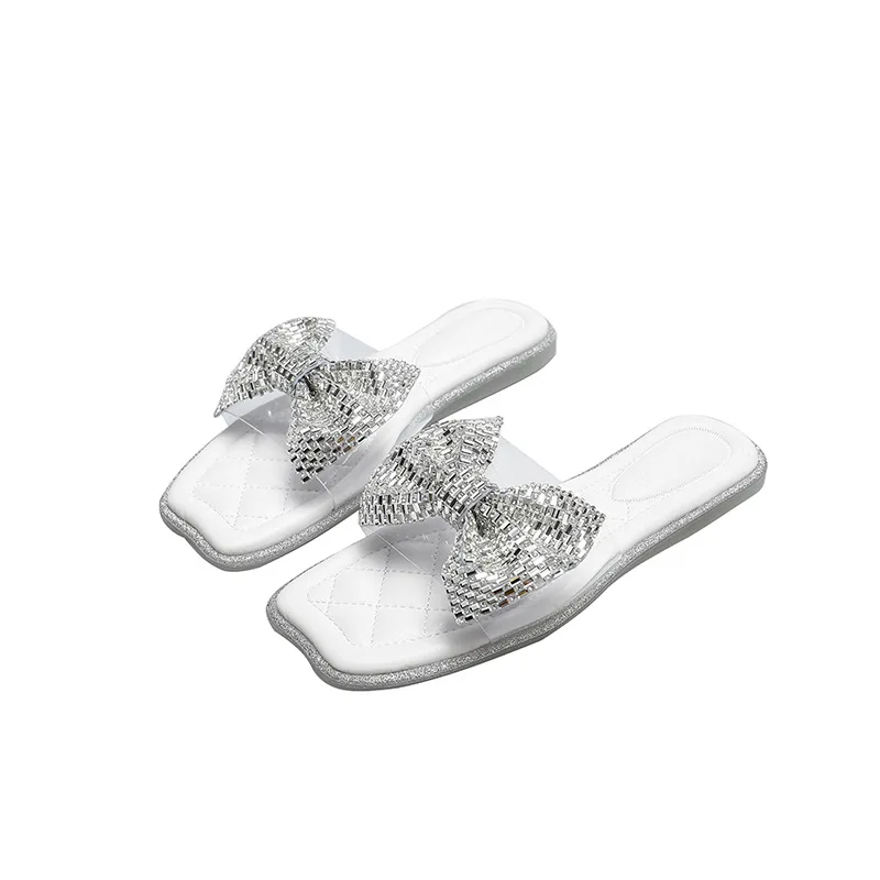 

Square Toe Transparent Slippers Flat Shoes Female Butterfly-Knot Lady Low Slides Girl PU Butterfly-knot Basic Rubber Fabric