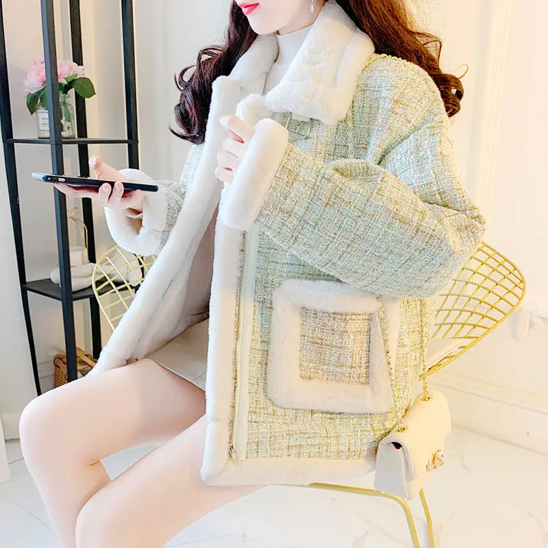 

YIZZHOY Autumn Winter New Women Patchwork Casual Fashion Lamb Wool Short Coat Female Long Sleeve Plaid Thickened Wool Coat