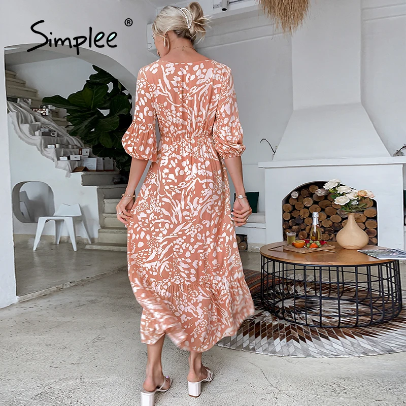 

Simplee Casual printed spring women Maxi dress High-waist V-neck lace-up beach Vestidos Fashion loose buttoned A-line dress 2021