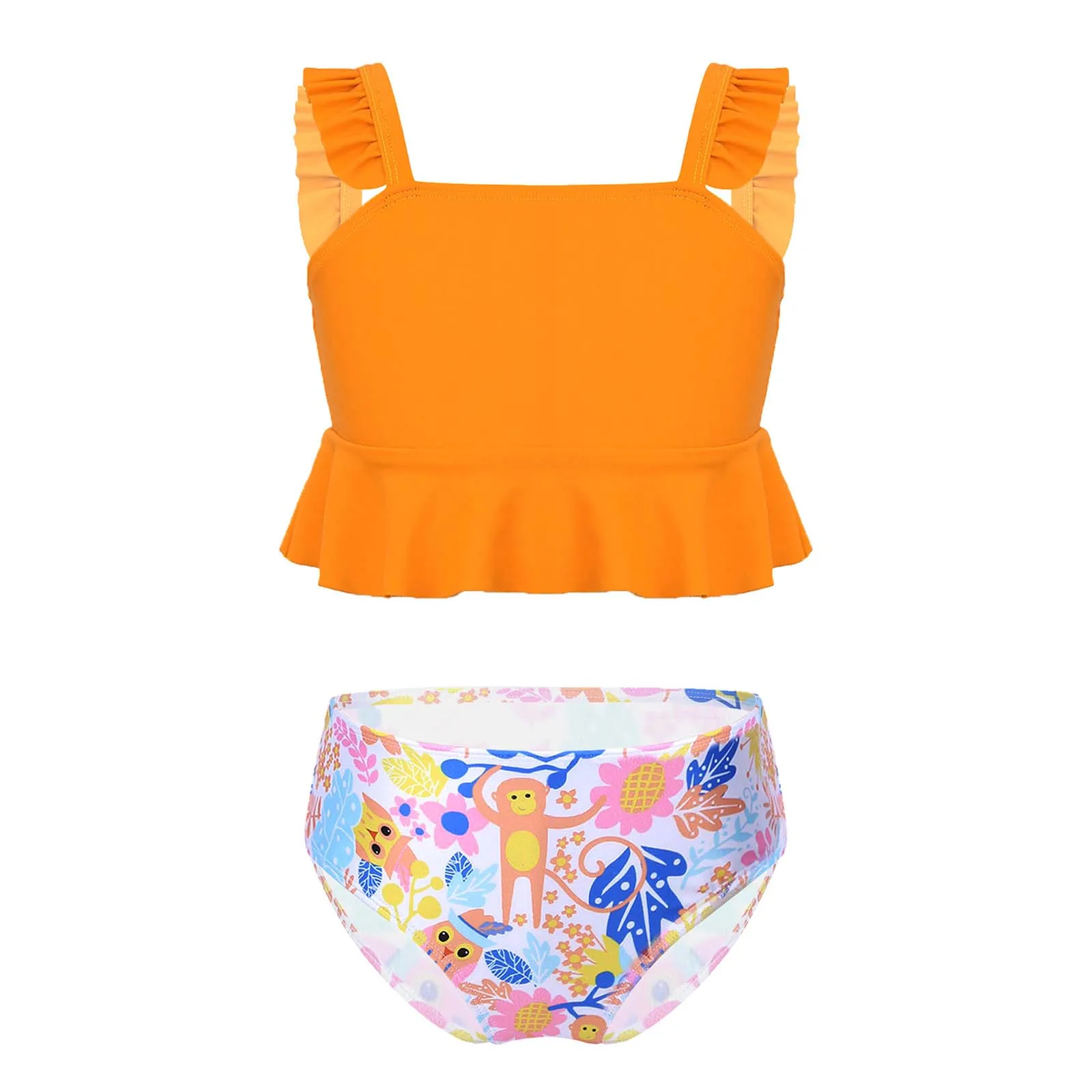 

Kids Girls Swimsuit Fashion Fly Sleeve Ruffle Crop Top Summer Bikini Set Children Cartoon Swimwear Bathing Suit Beach Wear