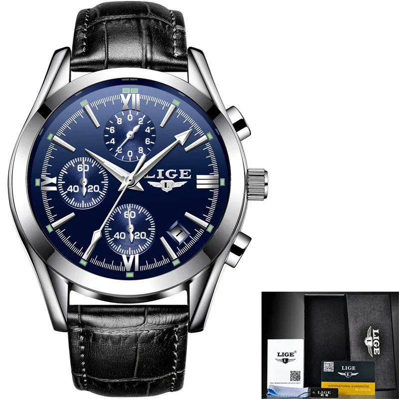 Silver blue L Montre homme LIGE модные золотые Для мужчин s часы кожа аналоговые кварцевые часы Для мужчин возможностью погружения на глубину до 30 м Водонепроницаемый спортивные с секундомером и календарем, мужские часы+ коробка - Цвет: Silver blue L