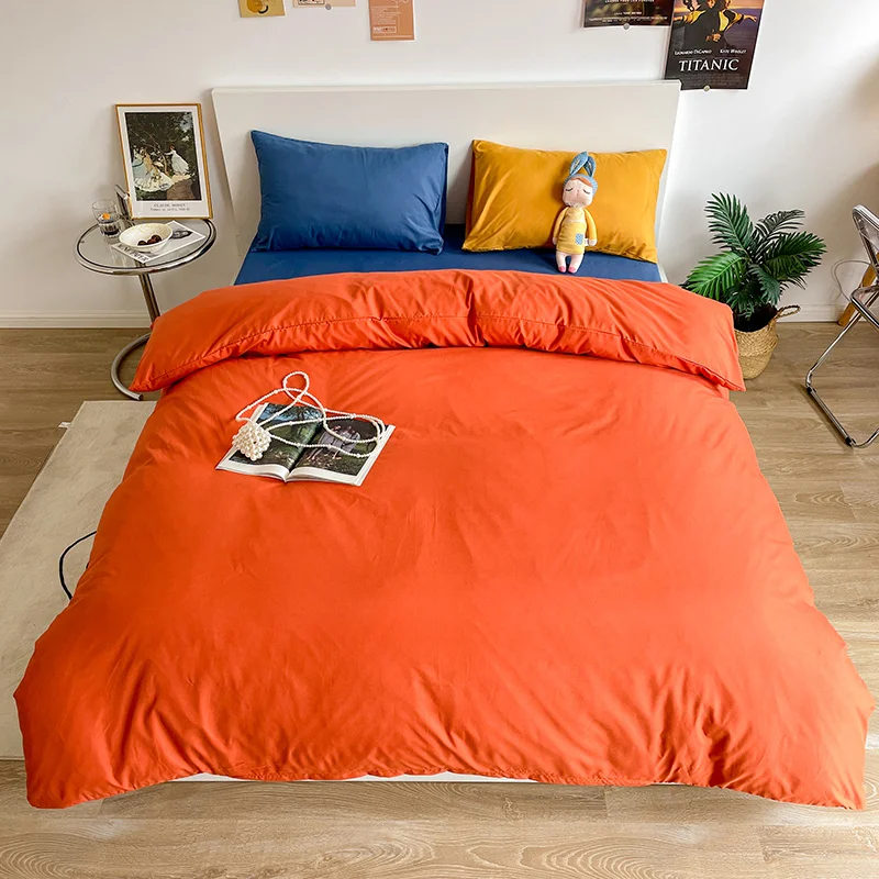 

Classic Pure Color Bedding Sets Orange Quilt Covers Blue Pillowcases Soft Comforter Duvet Cover Set Bed Linen Home Textile