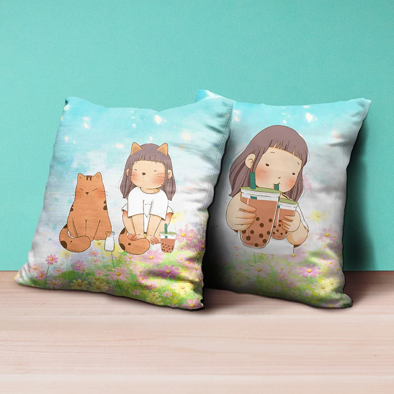 

Kawaii Lazy Girl Milk Tea Pillowcover 45cm Cartoon Pillow Case Kids Bedroom Decoration Sofa Cushion Cover Gift No Pillow Insert