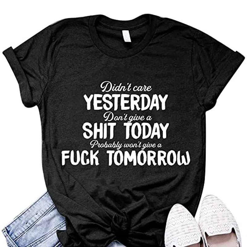 

Didn't Care Yesterday Funny T-Shirt for Women, Short Sleeve Crew Neck Comfy Graphic Tee Casual Tops