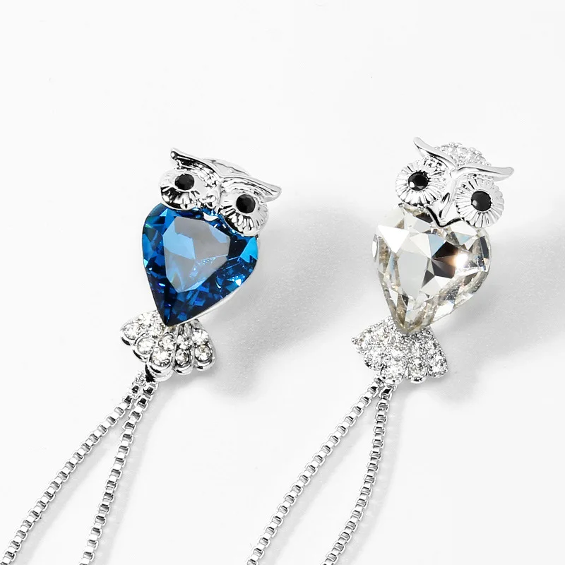 Модные длинные серьги с кисточками в виде совы стразы подвески голубыми