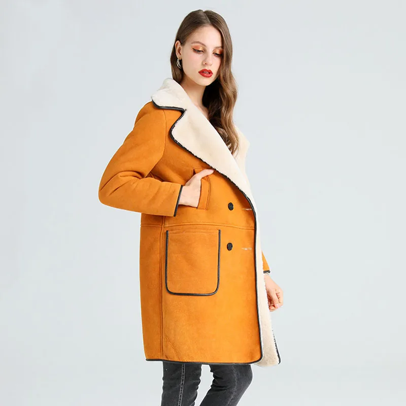 Enlarge 2020 New Unique Style Women Big Suit Collar Casual Formal Real Fur Coat Winter Warm Thicken Soft Yellow Natural Shearling Furs