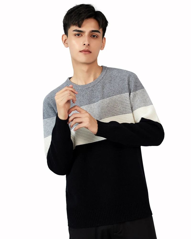 

Zhili Men's 100% Cashmere Block Striped Crewneck Pullover Sweater