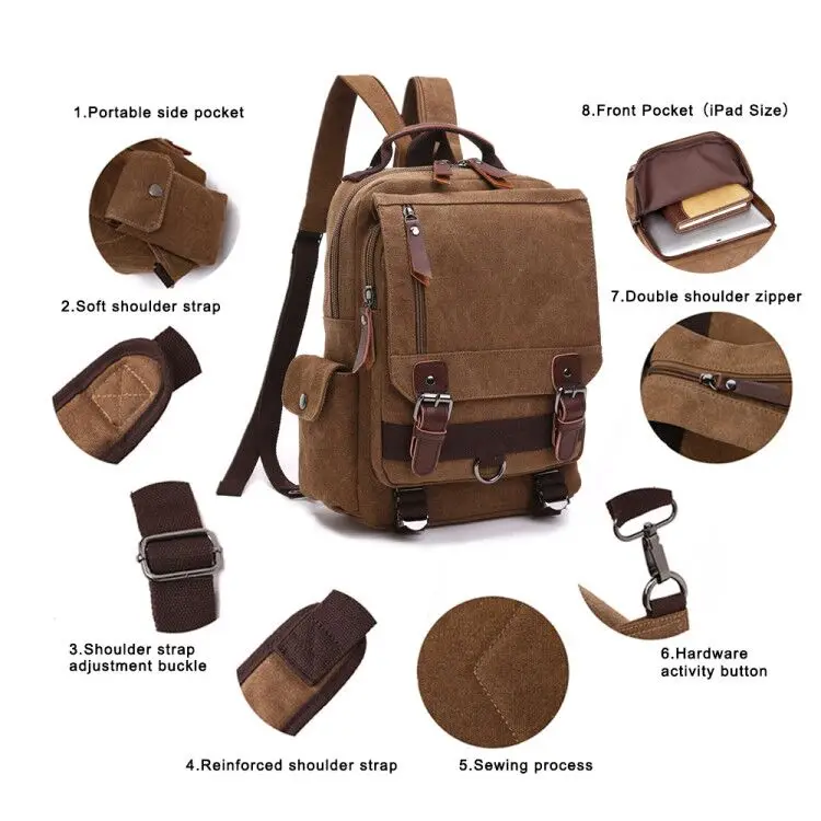 Рюкзак из холста для школы и активного отдыха с кожаными ручками и сумкой через плечо (Кофе)