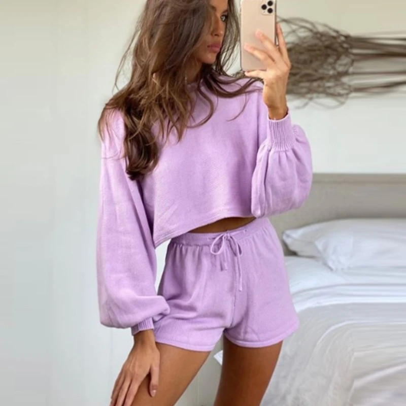 

Two Pieces Set Sexy Long Sleeve Short Tops And Short Pant Women Sweater Solid Suits Casual O-Neck Knitted Pullover For Female