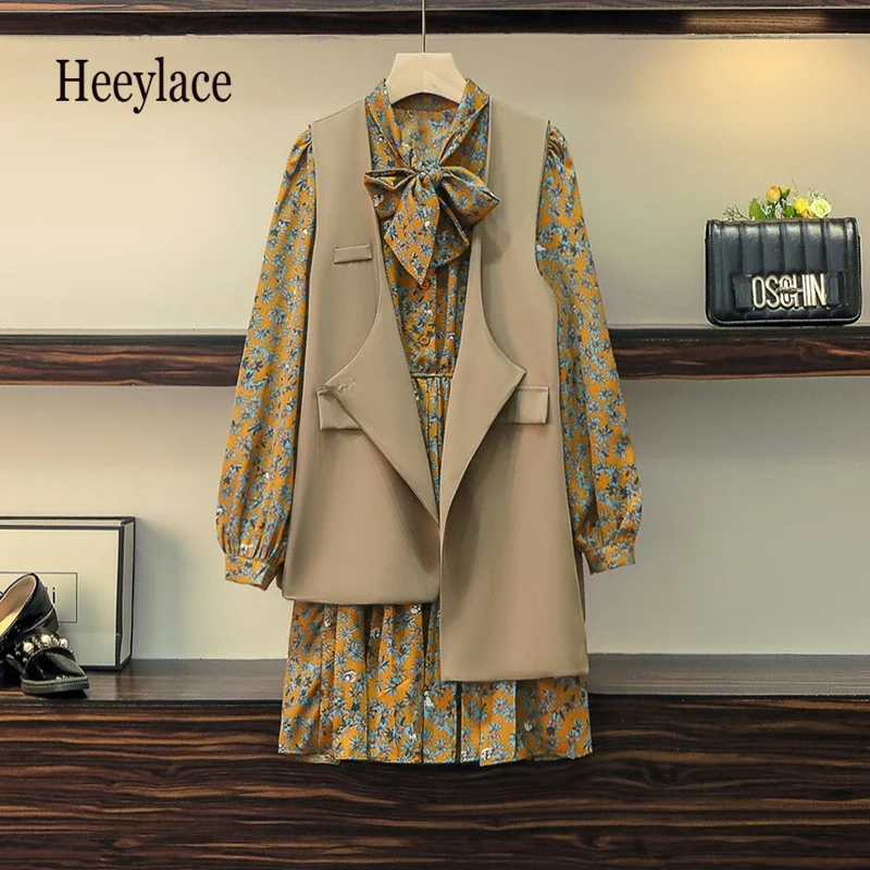

Plus Size Office Ladies Elegant Two Piece Set Korean Bow Collar Print Long Sleeve Dresses And Blazer Vest Suits 4XL Women Outfit