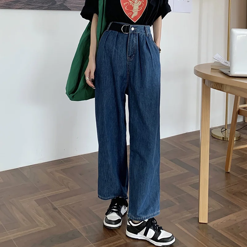 

Джинсы женские прямые свободные, тонкие модные тонкие брюки-трубы с завышенной талией и широкими штанинами, лето-весна 2021