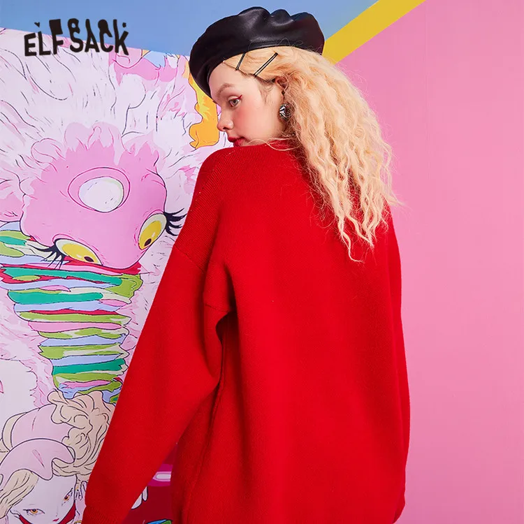 ELFSACK Cartoon Jacquard Women Casual Knit Pullover Sweaters,2021 Summer Vintage Applique Oversize,Casual Girly Daily Sweet Top