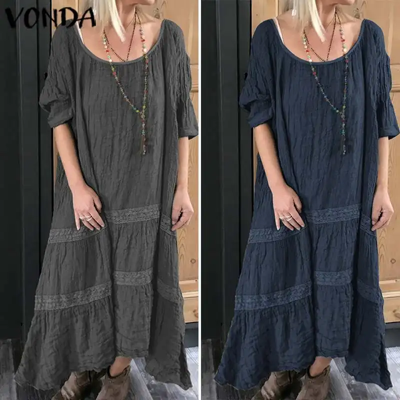 VONDA женское платье с коротким рукавом и круглым вырезом, однотонная хлопковая рубашка, свободное платье с оборками, длинное платье макси, большие размеры, вечерние платья