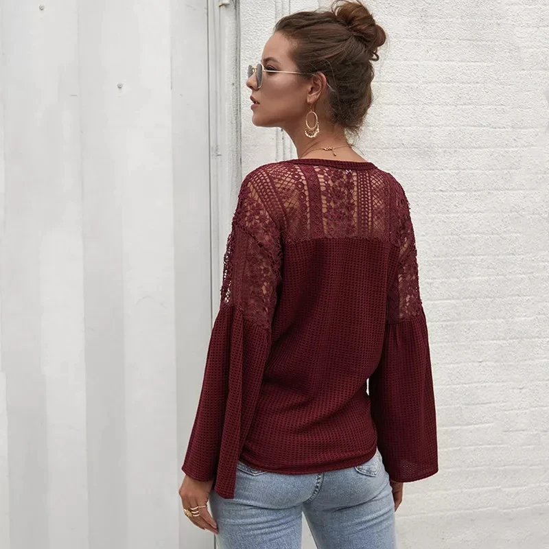 

Modern Hollow Out Knitted Woman Tshirts Feminina Single Breasted Graphic Tee Vintage Loose Waist Long Sleeve Shirts for Women