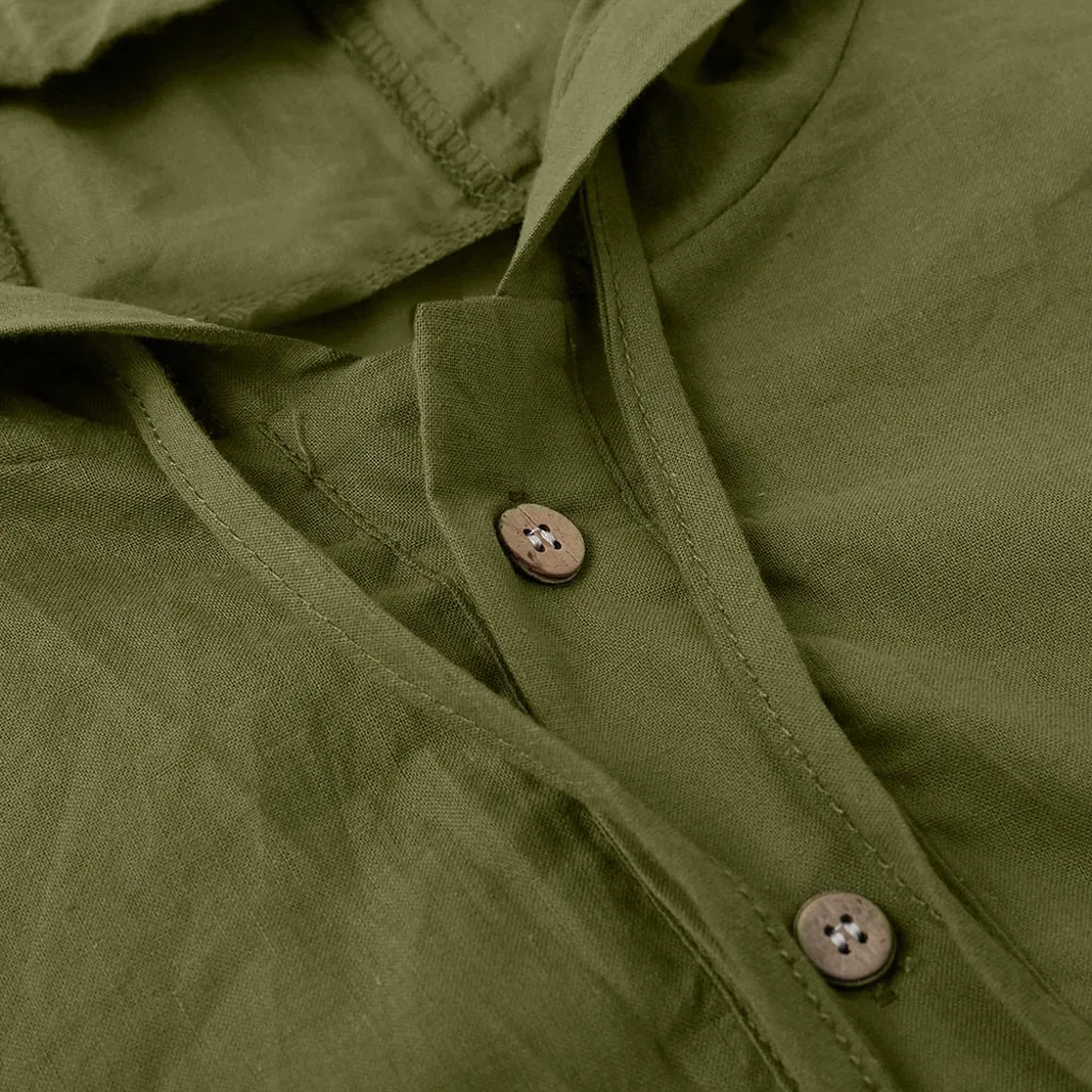 

Man's T-shirt Large size Baggy Linen Solid Button Long Sleeve Hooded Shirts Casual Slim Tops Men's Summer Clothing Man's T-Shirt