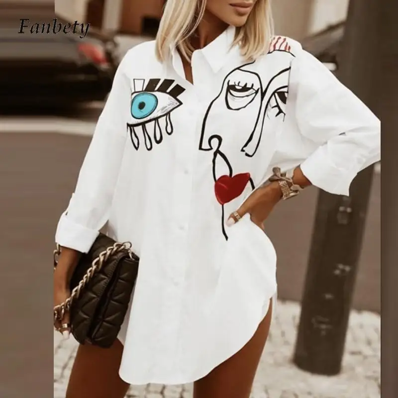 

Элегантная длинная рубашка с мультяшным принтом, Элегантная блузка на пуговицах с лацканами, Женский Осенний офисный Топ с длинным рукавом,...