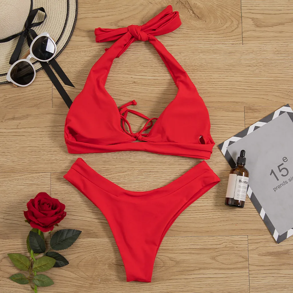 2020 Lady Bandeau High Waist Bikini Set Fashion Solid Beach Wear sexy swimwear women swimsuit Lace Up Bra thong Biquini monokini | Женская