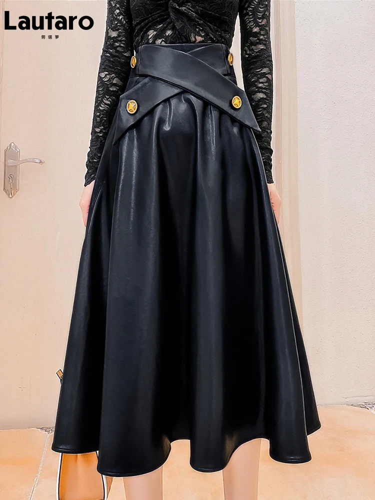 Lautaro Черная юбка-миди из искусственной кожи с высокой талией для женщин Длинные