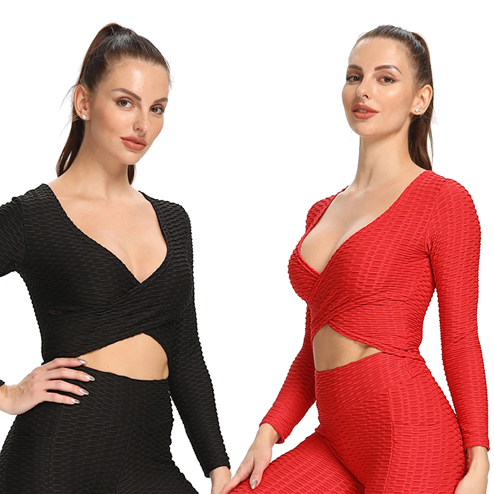 

Женские футболки для фитнеса с длинным рукавом, укороченный топ для тренировок, спортивная одежда, сексуальный жаккардовый топ на бретелях,...