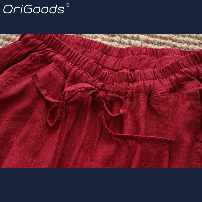 Женские укороченные шаровары OriGoods летние льняные свободные брюки-Капри больших