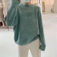 autumn and winter womens sweater casual solid color round neck long sleeve loose sweater