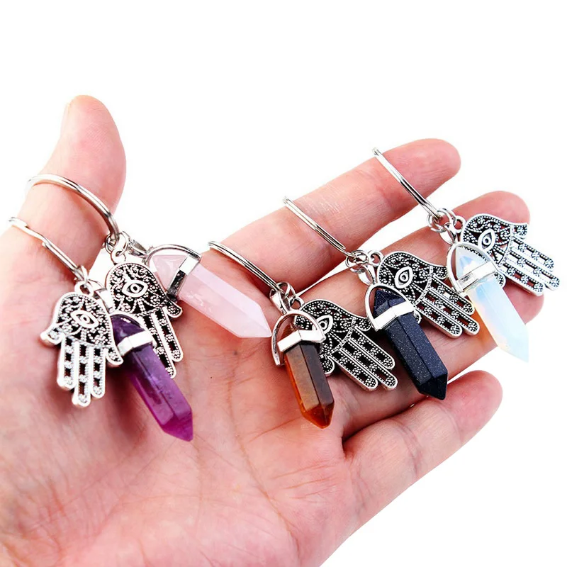 

Natural Hexagonal Column Stone Keychain Women Pink Quartz Opal Crystal Key Chain With Evil Eye Fatima Jewelry Party Friends Gift