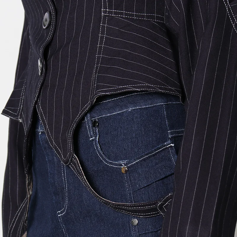 

GALCAUR Navy Striped Coats For Women Square Collar Puff Long Sleeve Tunic Lace Up Short Vintage Jackets Female 2021 Clothes New