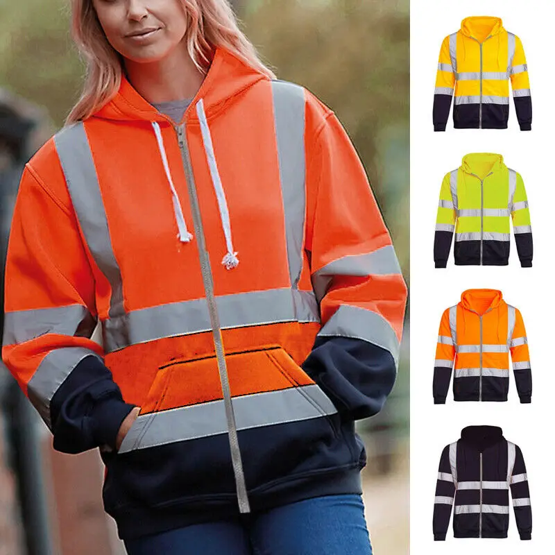 

Женская куртка с капюшоном Безопасность толстовка на молнии Светоотражающие полосы для работы в ночное время капюшоном теплое зимнее прок...