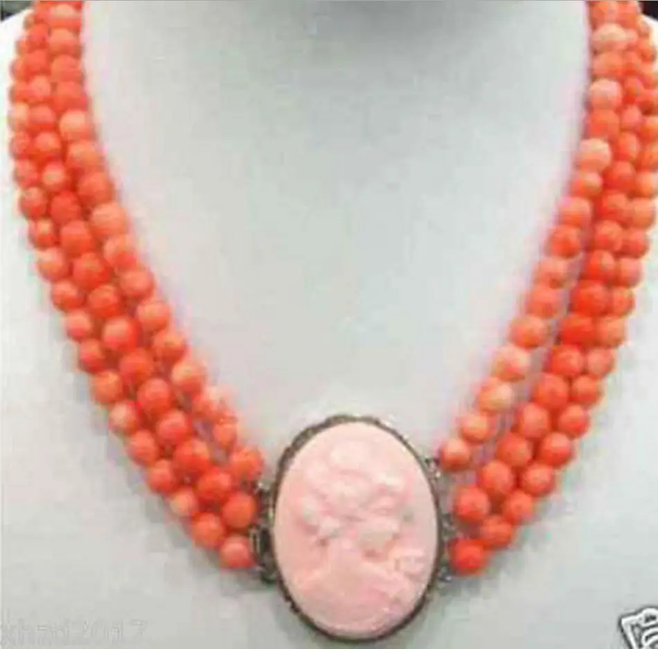 

FASHION JEWELRY FREE SHIPPING A RARE 3 ROWS 6-7MM PINK CORAL BEADS NECKLACE