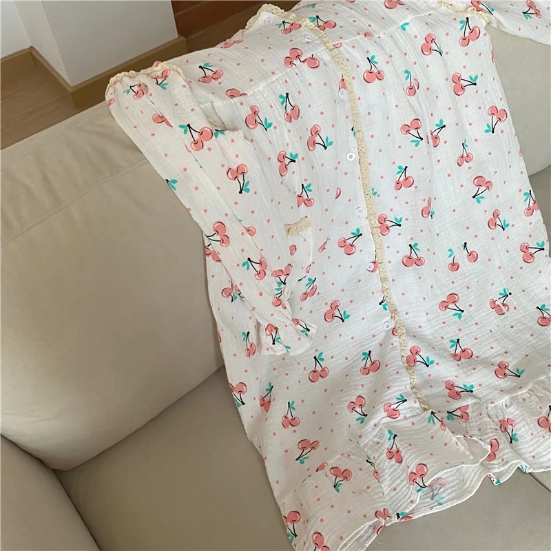 

fashion cherry print nightgown women loose fruit nightdress lace sleep dress girl sweet casual puff sleeve nightwear ladies L062