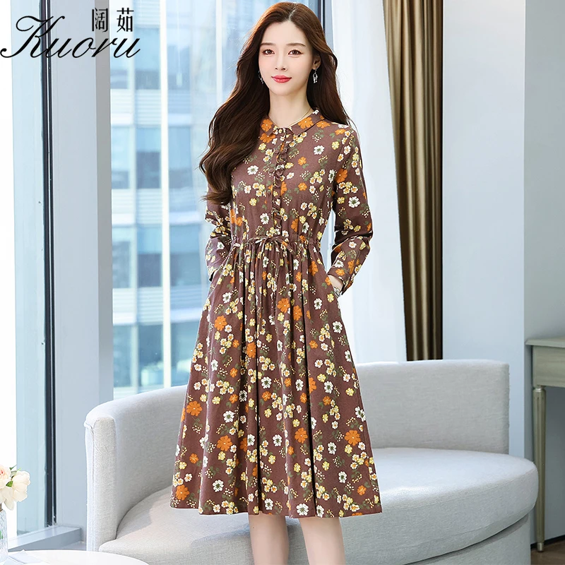 

Весенне-осеннее Хлопковое платье миди с цветочным принтом с длинным рукавом Повседневные женские платья элегантные 2021 новые винтажные обл...